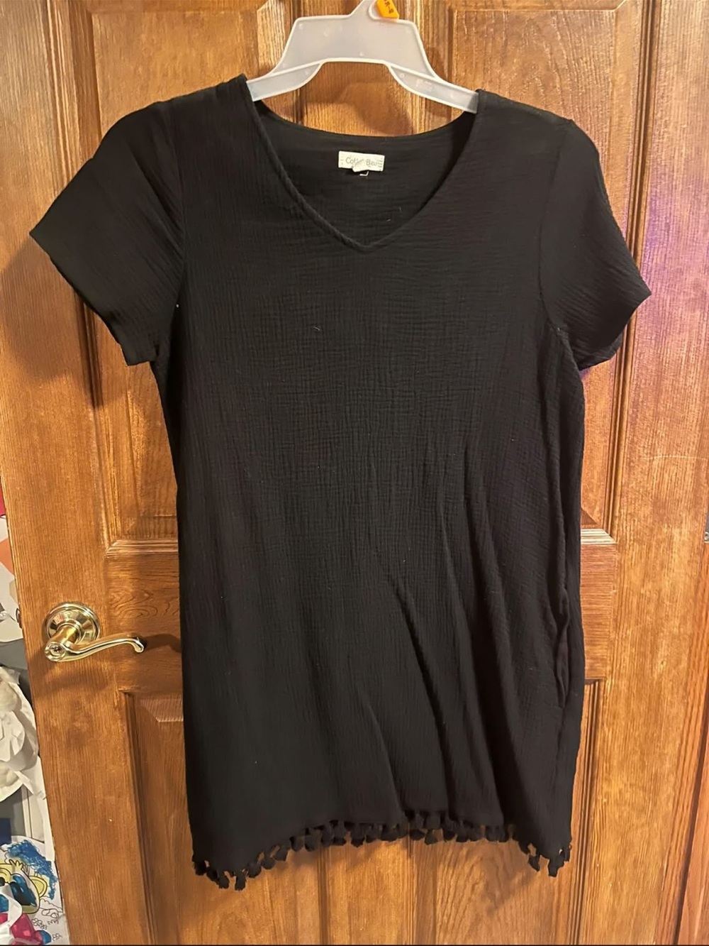Black Short-Sleeve V-Neck Tunic with Pom Hem